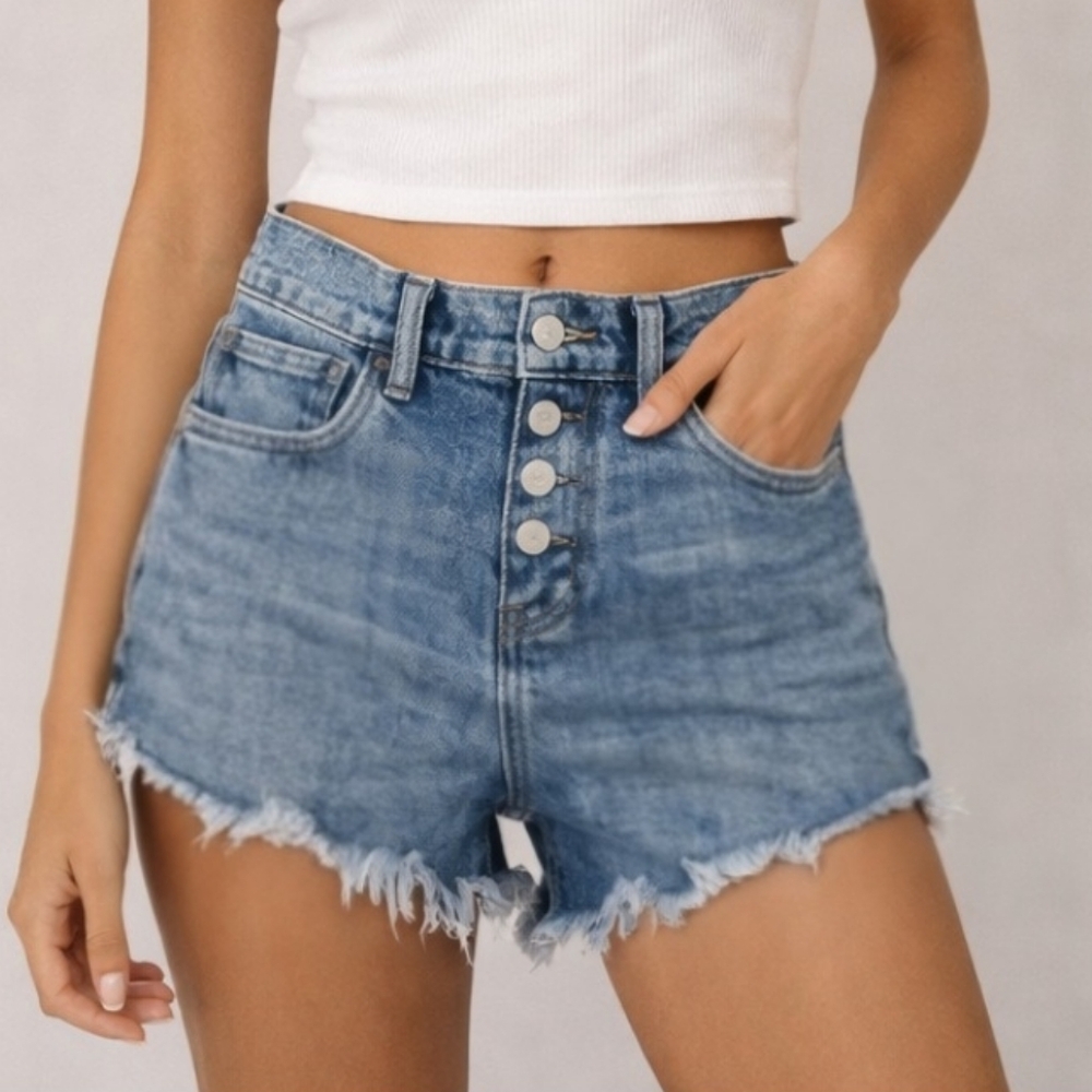 Express Vintage High Waist Raw Hem Distressed Jean Shorts Retro Acid Wash Size 8
